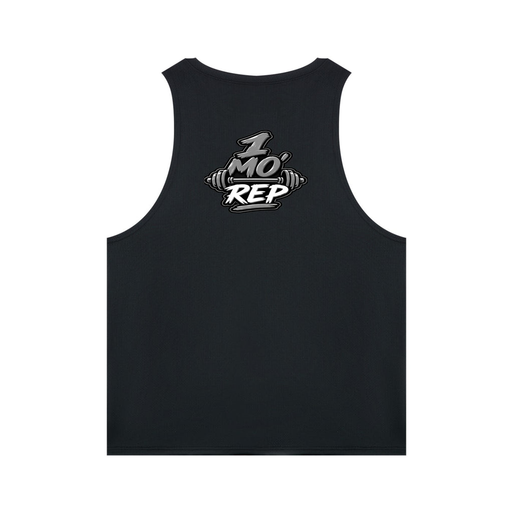 FRESH ASS T-SHIRTS & GIFTS LLC black sleeveless muscle tee with 1 MO REP weight bar graphic on the back