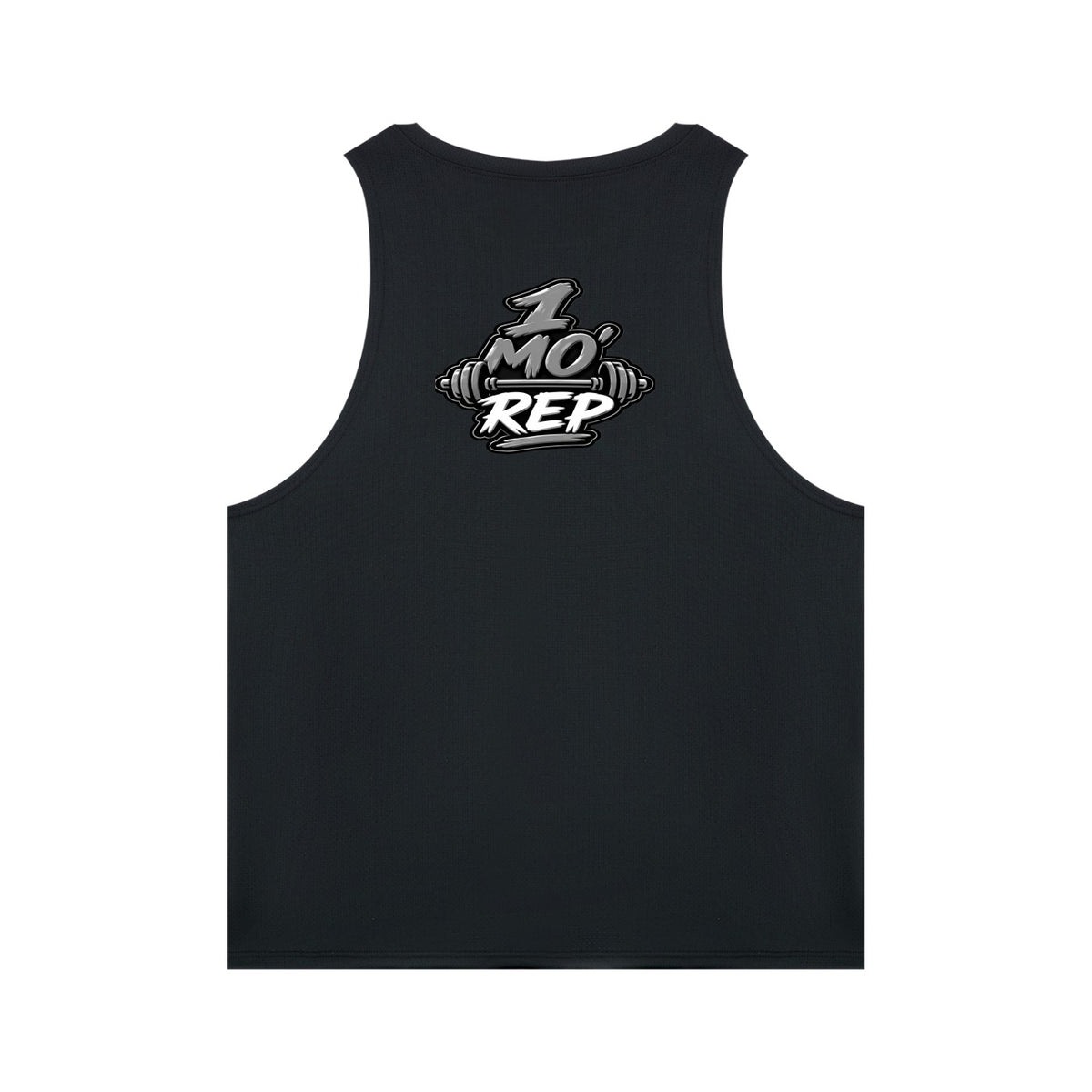 FRESH ASS T-SHIRTS & GIFTS LLC black sleeveless muscle tee with 1 MO REP weight bar graphic on the back