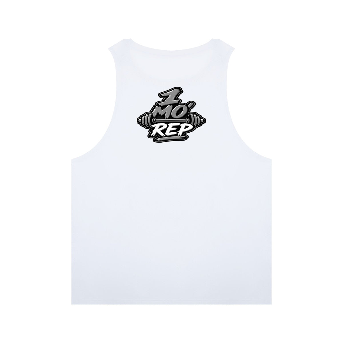 FRESH ASS T-SHIRTS & GIFTS LLC white sleeveless muscle tee with 1 MO REP weight bar graphic for gym workouts.