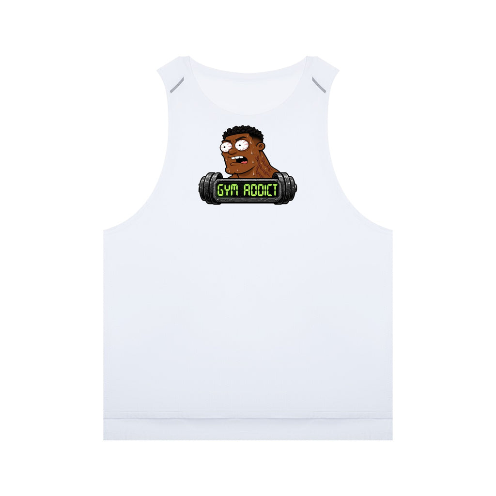 FRESH ASS T-SHIRTS & GIFTS LLC white sleeveless muscle tee with a cartoon gym addict graphic and weight bar print.