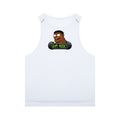 FRESH ASS T-SHIRTS & GIFTS LLC white sleeveless muscle tee with a cartoon gym addict graphic and weight bar print.