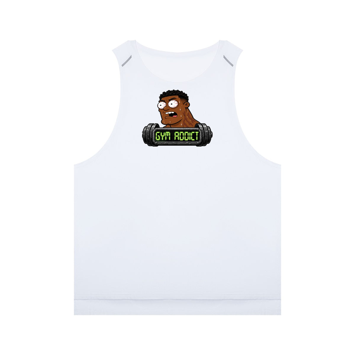 FRESH ASS T-SHIRTS & GIFTS LLC white sleeveless muscle tee with a cartoon gym addict graphic and weight bar print.